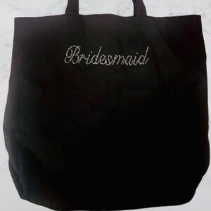 Chic Black Cotton Fabric Tote Bag with Sparkling Rhinestone Bridesmaid Detail